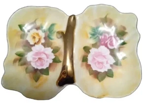 Enesco Japan Double Bowl Candy/nut Dish. Thick GOLD  Handle FLORAL  E3310.  EUC  - Picture 1 of 8