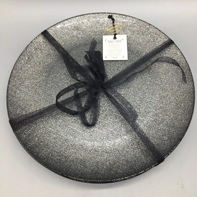 x4 Akcam Turkish Glass Dinner Plate Set Silver Graphite Sparkle Glitter 11” NEW