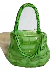 Art Glass Purse Angelina Block Crystal Vase Green and Cream Stripes EUC - Picture 1 of 8