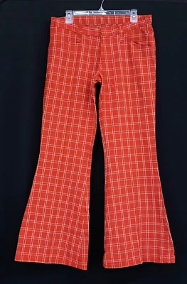 Calça jeans Dickies vintage xadrez vermelha da década de 1970, algodão laranja branco M - Imagem 1 de 4