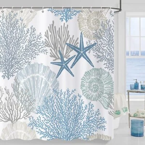 Nautical Coastal Shower Curtain, Blue Ocean Beach Seashell Starfish Themed Ba... - Picture 1 of 8
