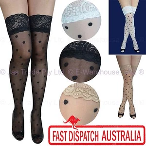 Costume Polka Dot Sheer Sexy Stay up Floral Lace Top Thigh High Highs Stockings - Picture 1 of 18