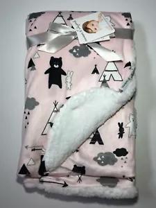 Blankets & Beyond Baby Pink Camping Bears Sherpa Micro Mink Blanket - Picture 1 of 5