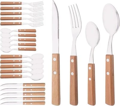 Silver Flatware Set with Natural Wood Handle, 24 PCS Silverware Set for 6 - Image 1 of 4