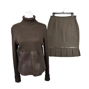 Lafayette 148 Brown Ribbed Wool Leather Turtleneck Sweater w/ Pleated Skirt Set - Picture 1 of 17