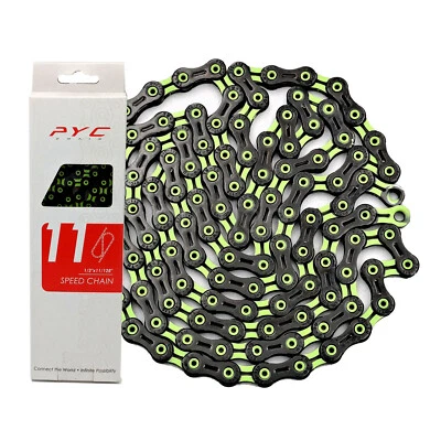 Cadena hueca de grava PYC DLC 11-Spd Road MTB CX 116L, ultraligera, negra/verde Foto 1 de 4