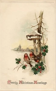 Rote und braune Vögel auf Stechpalme Winterkirche im Hintergrund Weihnachtspostkarte - Bild 1 von 2