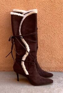 Splash Fashion Women 7.5 Brown Faux Suede, White Fur Boots. Point Toe 3.75" Heel