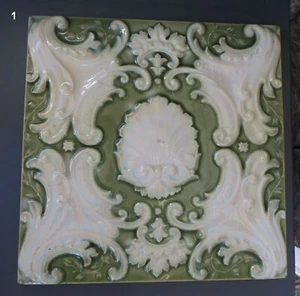 Minton, Hollins & Co 8" Tile - Scroll & Shell - Green Glaze - Embossed - 2 Left - Picture 1 of 12