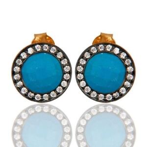 Turquoise Cubic Zirconia Fashion Stud Earrings 18K Gold Sterling Silver Jewelry