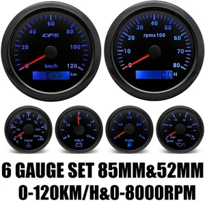 6 Gauge Set 85mm Black GPS Speedometer 120km/h Tacho 8000RPM Waterproof for Boat - Picture 1 of 24