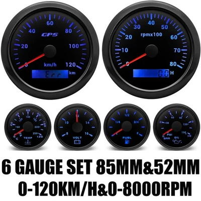 6 Gauge Set 85mm Black GPS Speedometer 120km/h Tacho 8000RPM Waterproof for Boat - Image 1 of 4