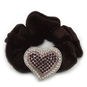 Rhodium Plated Swarovski Crystal Classic 'Heart' Pony Tail Black Hair Scrunchie - Picture 1 of 4