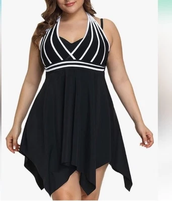 Hanna Nikole Black/White Halter SwimdressTankini Top Swimsuit Size 22 NWT - Image 1 of 4