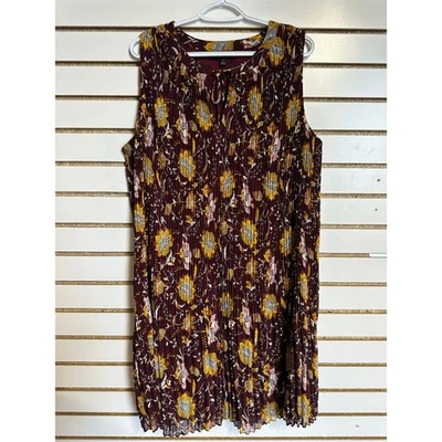 Lane Bryant Burgundy Gold Floral Dress 16 1X Pleated Flowy - Image 1 of 4