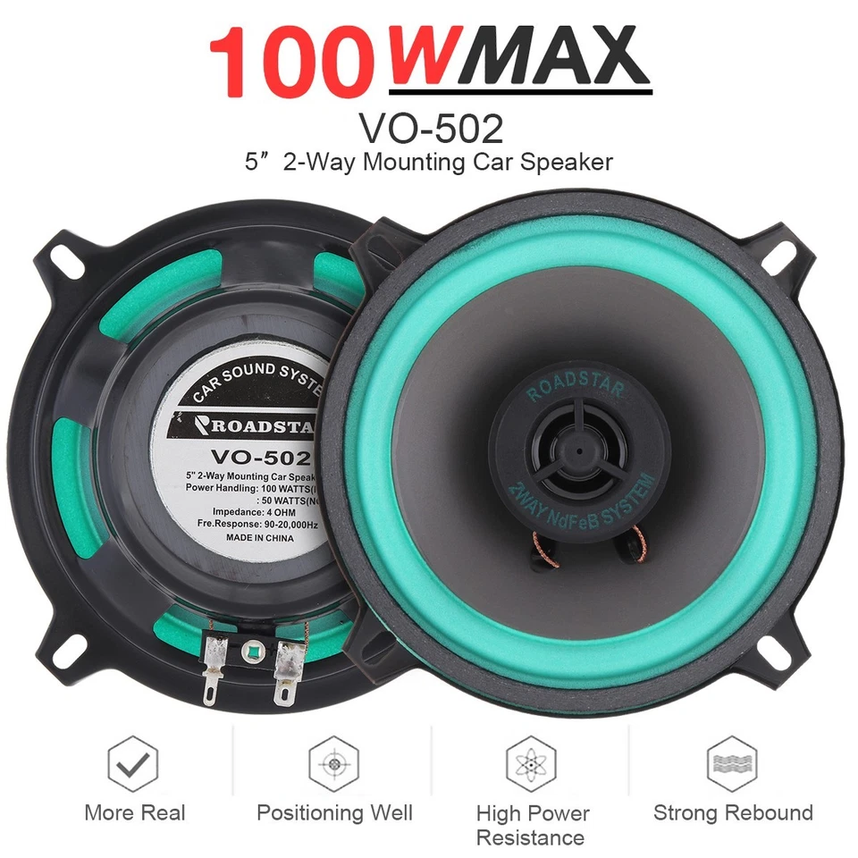 2pcs 5 Inch 2-Way Coaxial Full Range Car HiFi Audio Speaker 100W 4 Ohm Universal - Image 1 of 4