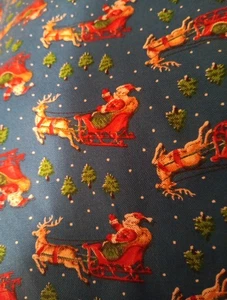 Vintage Cranston  Fabric Christmas Santa Sleigh Reindeer On Blue 43 X 1 Yd  - Picture 1 of 9