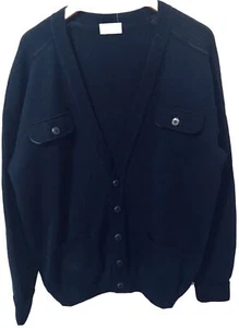 Aquascutum London L 44” Navy Jumper Sweater Cardigan Elbow Patch England Wool - Picture 1 of 6