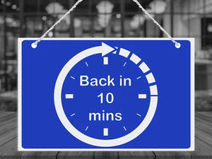 Back in 10 mins clock hanging plastic sign with nylon rope+suction cups - Picture 1 of 7