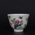 2.9" China Famille Rose Porcelain Lotus Flower Peony Butterfly Locust Grain Cup