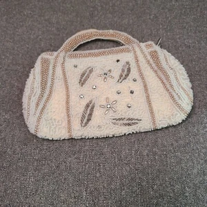 Vintage White Silver Beaded Handbag Purse Clutch w / Knuckle Straps MCM Silk  - Picture 1 of 13