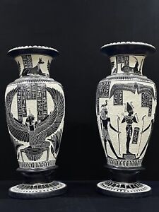Large Handmade Egyptian Set of Two decor Vases - with Egyptian God and Goddess