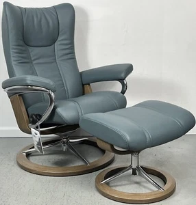 *NEW* Ekornes Stressless Small Blue Signature WING Leather Swivel Chair Ottoman - Picture 1 of 16