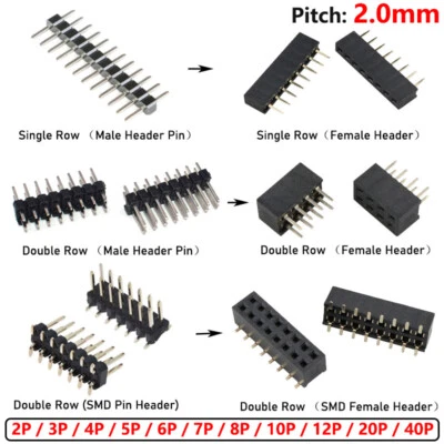 2.0mm Pitch 2P - 40P PCB Male / Female Pin Header Single / Double Row Connector - Image 1 of 4