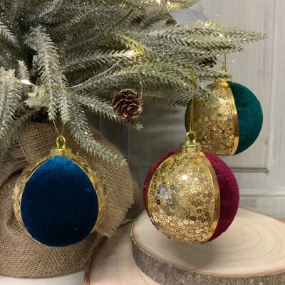3 x Velvet & Gold Sequin Baubles Jester Victorian Christmas Tree Gisela Graham  - Image 1 of 4