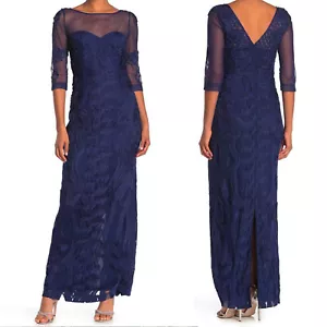 JS Collections Sz 6 Navy Blue Illusion Yoke Soutache Column Gown Full Length B31 - Picture 1 of 21