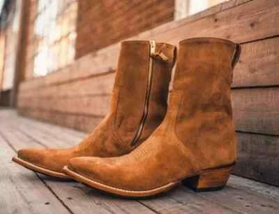 Botas de Vaquero Hechas a Mano Hechas a Mano Cuero Gamuza Marrón Puro Botas con Cremallera para Hombres Foto 1 de 4