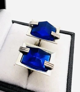 Vintage Cobalt Blue Pyramid Stone Modernist Cuff Links Cufflinks - Picture 1 of 5