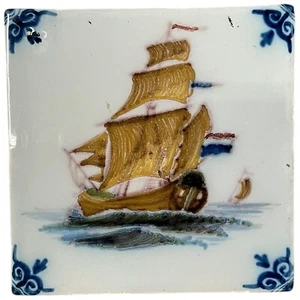 Vintage Dutch Delft polychrome blaue handbemalte glasierte Fliese Schiff Makkum Holland - Bild 1 von 11