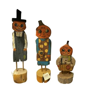 Fall Pumpkin Family Figurines Carved Solid Wood Rustic Farmhouse Decor Folk Art - Picture 1 of 15