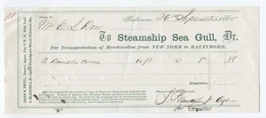 1865 steamship seagull freight receipt Baltimore MD [6894.14] - Picture 1 of 3