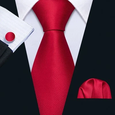 Corbata de diseñador de moda roja lisa para hombre pañuelo gemelos conjunto boda Foto 1 de 4