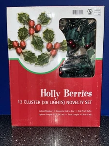 Vtg 12 Lighted Holly Cluster Berry 12 Light Christmas Lights With Box 8ft Strand - Picture 1 of 7