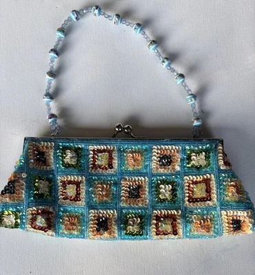 Women's Blue Wristlet Beaded & Sequin Handbag/Purse Clutch Evening Bag 9' wide - Image 1 of 4