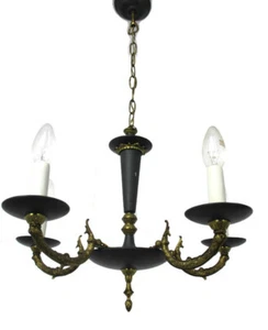 French Empire Chandelier Green Tole Brass 5 arms Hollywood Regency Toleware - Picture 1 of 8