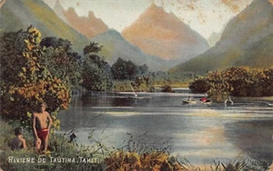 Postal TAHITÍ: Riviere de Tautira, años 1910, sin publicar, hombres y barcos, F. Homes - Imagen 1 de 2