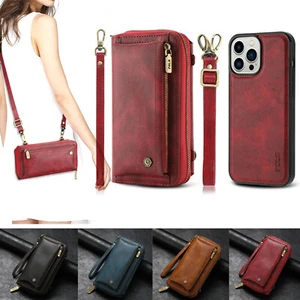 Girl Women Leather Zipper Detachable Card Wallet Phone Case Cover Strap - Picture 1 of 12