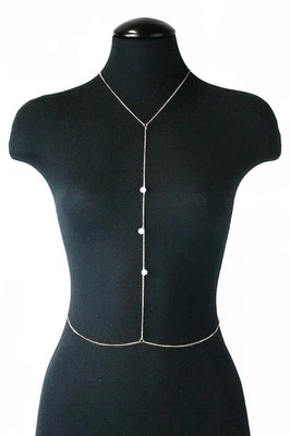 Body Chain Necklace Sophisticated Faux Pearl Button Front, Gold or Silver - Image 1 of 3