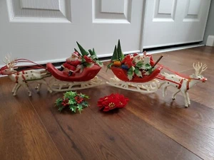 2 Mid-Century Deer Pulling Red Flocked Santa With Filled Sleigh Plastic HongKong - Picture 1 of 20