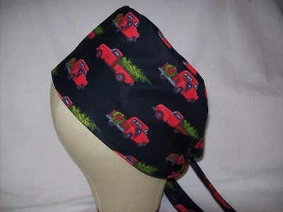 Men/Women Surgical Scrub Cap Lined Little Red Truck Christmas Tree  100% Cotton - Image 1 of 3