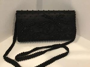 Womens Handmade Shoulder Bag Clutch Black Beaded Floral H6 - Picture 1 of 6