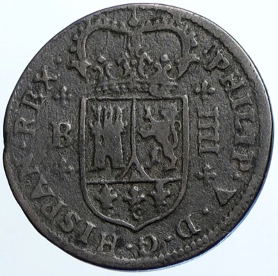 1720 Barcelona SPAIN King FELIPE V Philip Antique OLD 4 Maravedes Coin i108482 - Image 1 of 3