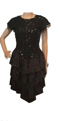 Винтажный 80-х Zum Zum черный без спинки блестки ярусный вечеринки выпускное платье размер 5 - Изображение 1 из 4