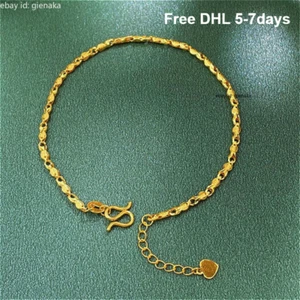 Pure 999 24K Yellow Gold Fish Curb Chain Link Bracelet Women Bangle 6.3+1.2inch - Picture 1 of 4