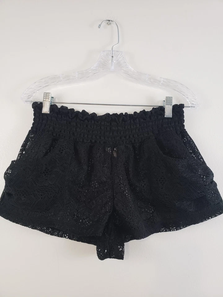 (Ma) Pantalones Cortos Y2K OP Crochet Encaje Mujer Junior Talla L Negro Transparente Natación Encubrimiento Foto 1 de 4