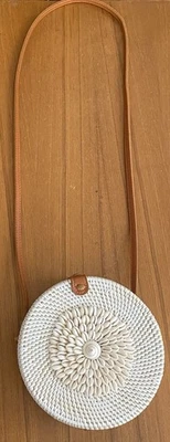 White Straw Purse Shell Sun Burst, Leather Trim & Strap By Neiman Marcus - Image 1 of 4